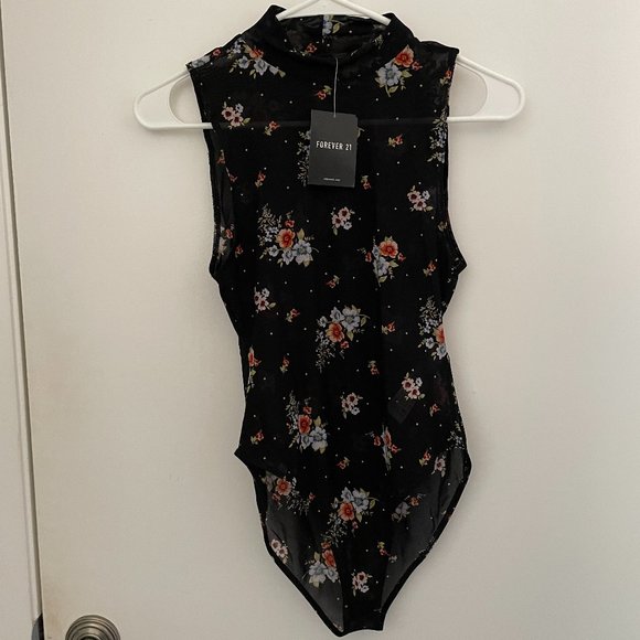 Forever 21 Sheer Mesh Navy Floral Mockneck Bodysuit - Picture 1 of 3